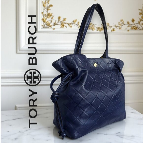 Tory Burch Handbags - Tory Burch Georgia Quilted Leather Tote Navy Blue Slouchy Golden Hardware